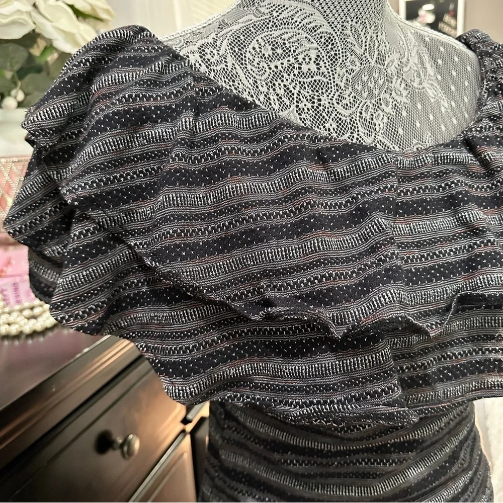 Free People Black Combo Off-Shoulder Ruffle Smocked Top | Size Large